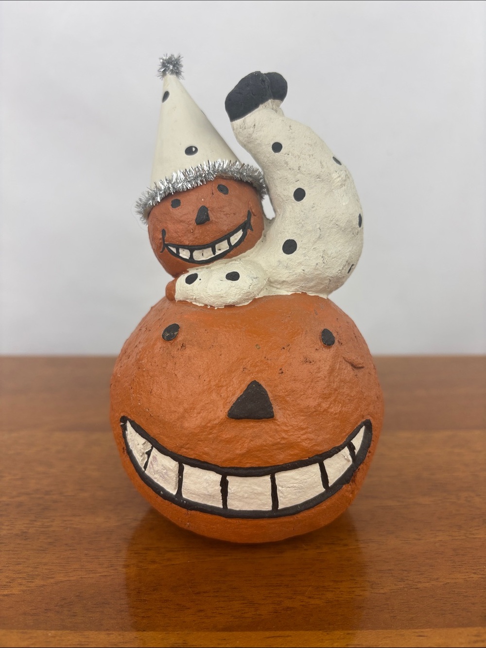 Halloween paper mache primitive folk art style pumpkin jack-o-lantern acrobat